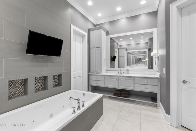 302 Covington Cv, Madison, MS 39110 - full bath with ornamental molding, a whirlpool tub, vanity, tile patterned floors, and recessed lighting