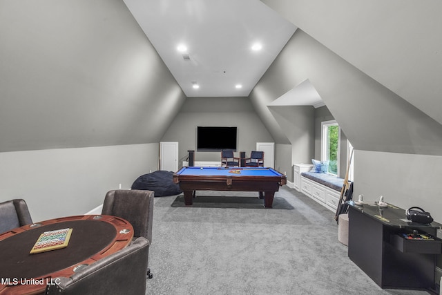 302 Covington Cv, Madison, MS 39110 - rec room featuring billiards table, lofted ceiling, and carpet flooring