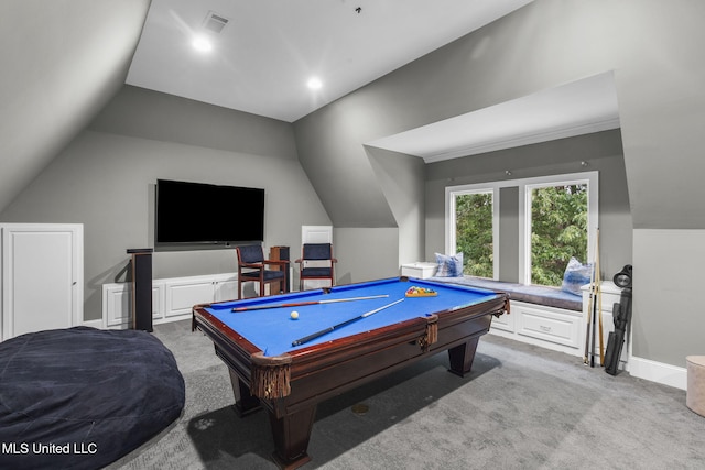 302 Covington Cv, Madison, MS 39110 - rec room featuring light carpet, lofted ceiling, billiards table, and recessed lighting