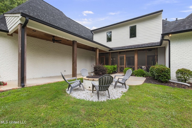 302 Covington Cv, Madison, MS 39110 - rear view of house with a fire pit, a lawn, ceiling fan, a sunroom, and a shingled roof