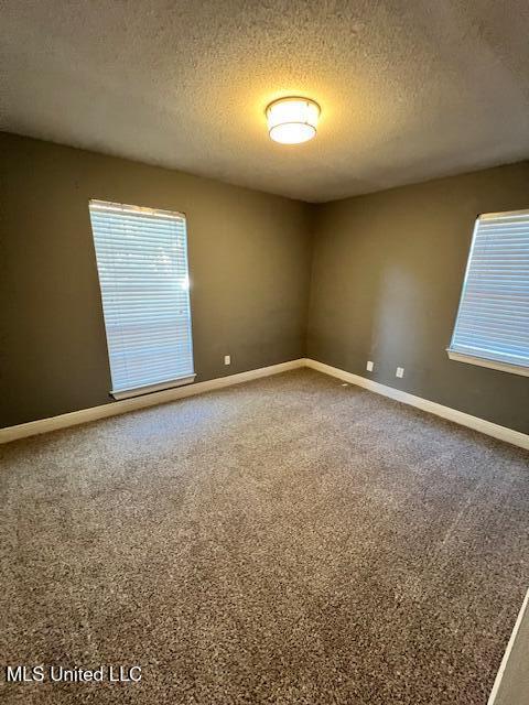 carpeted empty room with a textured ceiling