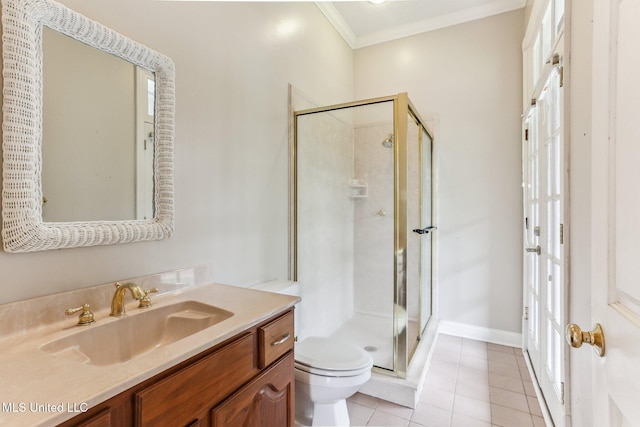 421 Starling Dr, Slidell, LA 70461 - bathroom featuring ornamental molding, toilet, vanity, a stall shower, and tile patterned flooring