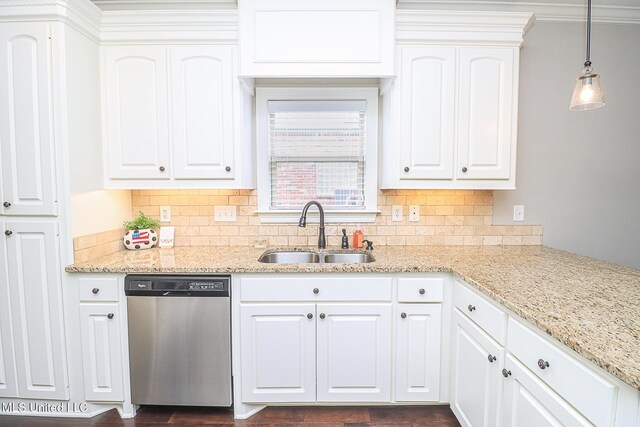 109 Elizabeth Dr, Brandon, MS 39042 - kitchen featuring stainless steel dishwasher, a sink, decorative backsplash, and white cabinetry