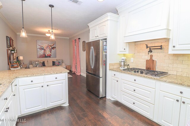 109 Elizabeth Dr, Brandon, MS 39042 - kitchen featuring appliances with stainless steel finishes, custom exhaust hood, tasteful backsplash, crown molding, and dark wood-style floors