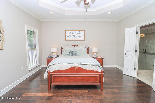 109 Elizabeth Dr, Brandon, MS 39042 - bedroom with a raised ceiling, wood finished floors, recessed lighting, ornamental molding, and connected bathroom