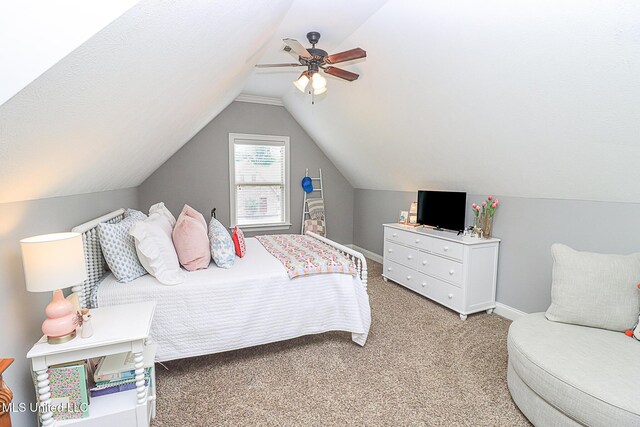 109 Elizabeth Dr, Brandon, MS 39042 - bedroom featuring ceiling fan, light colored carpet, vaulted ceiling, and baseboards