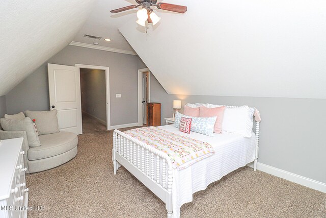 109 Elizabeth Dr, Brandon, MS 39042 - bedroom with light colored carpet, lofted ceiling, baseboards, and a ceiling fan