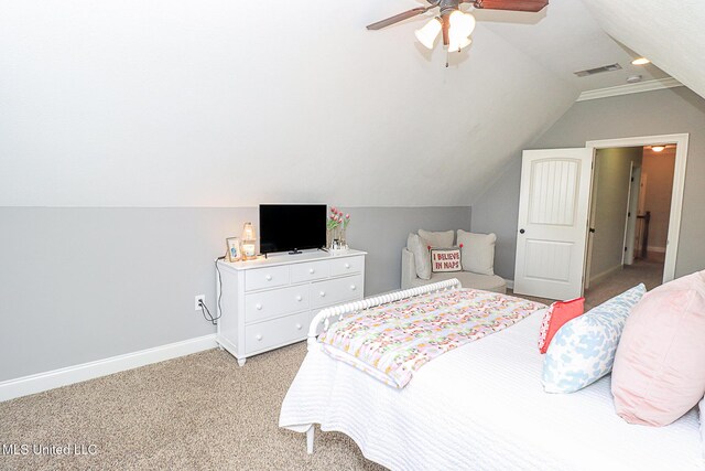 109 Elizabeth Dr, Brandon, MS 39042 - bedroom with vaulted ceiling, baseboards, light carpet, and a ceiling fan