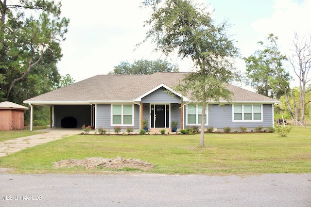 single story home featuring a front yard and a carport