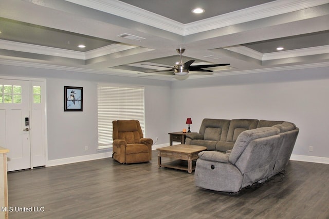 living room with dark wood-type flooring, crown molding, coffered ceiling, and ceiling fan