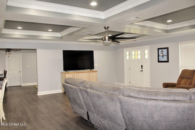 living room featuring ornamental molding, coffered ceiling, ceiling fan, and dark hardwood / wood-style flooring