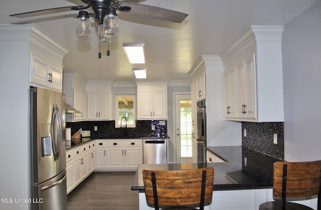 kitchen with dark wood-type flooring, stainless steel appliances, backsplash, sink, and white cabinets