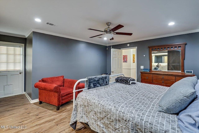 bedroom with ceiling fan, ornamental molding, and light hardwood / wood-style flooring