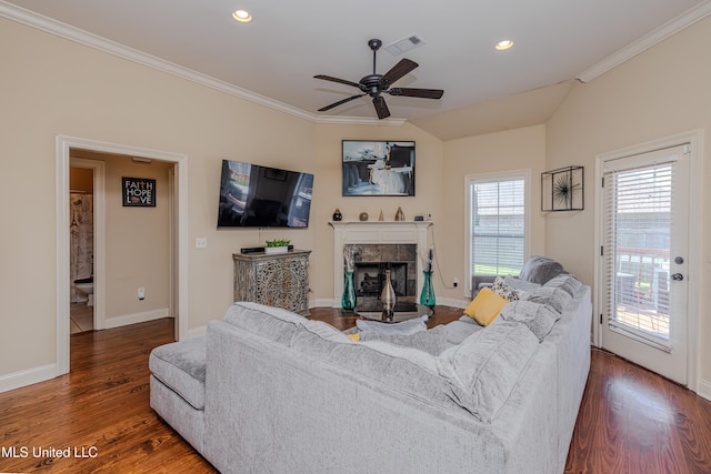 127 Palin Dr, Madison, MS 39110 - living room with crown molding, ceiling fan, wood finished floors, a tile fireplace, and recessed lighting