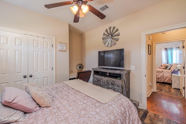 127 Palin Dr, Madison, MS 39110 - bedroom featuring dark wood finished floors, a closet, ceiling fan, and lofted ceiling
