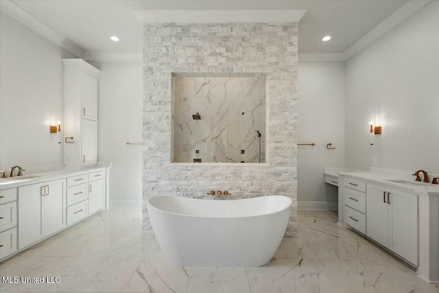 bathroom with a sink, marble finish floor, two vanities, and a marble finish shower