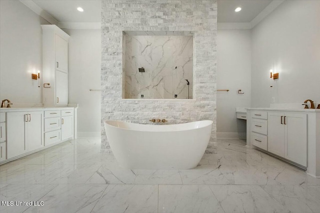 bathroom with marble finish floor, a marble finish shower, recessed lighting, two vanities, and a freestanding tub