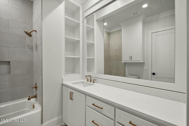 full bathroom featuring shower / bath combination, visible vents, toilet, vanity, and recessed lighting