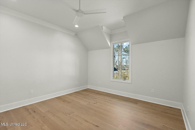 bonus room featuring recessed lighting, light wood-style floors, a ceiling fan, vaulted ceiling, and baseboards