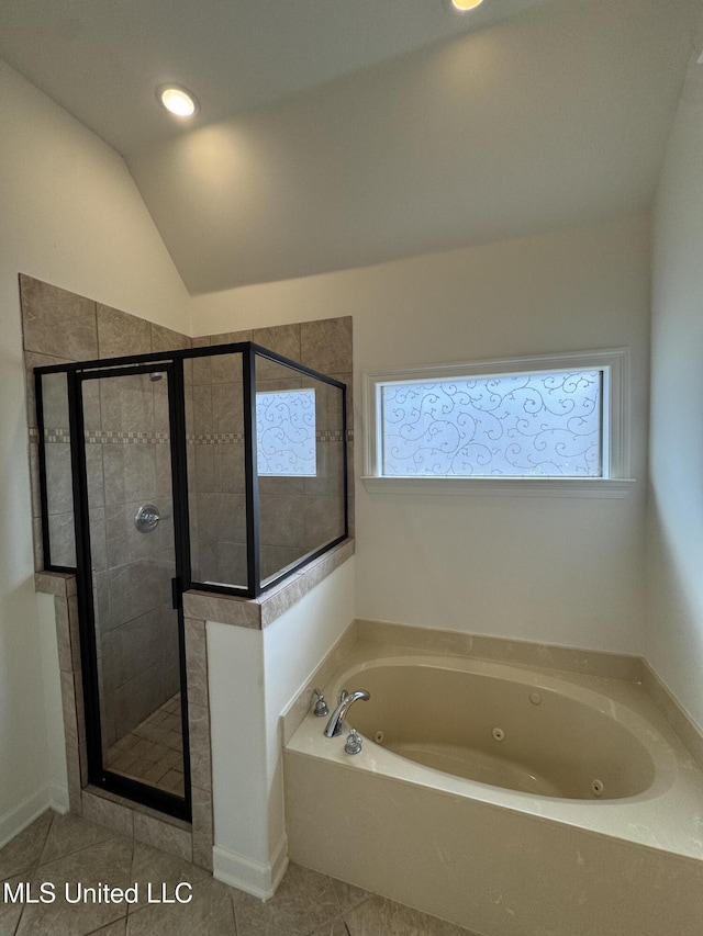 full bath with tile patterned flooring, a shower stall, vaulted ceiling, recessed lighting, and a tub with jets