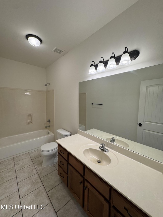 full bathroom with visible vents, toilet, shower / bathtub combination, tile patterned floors, and vanity