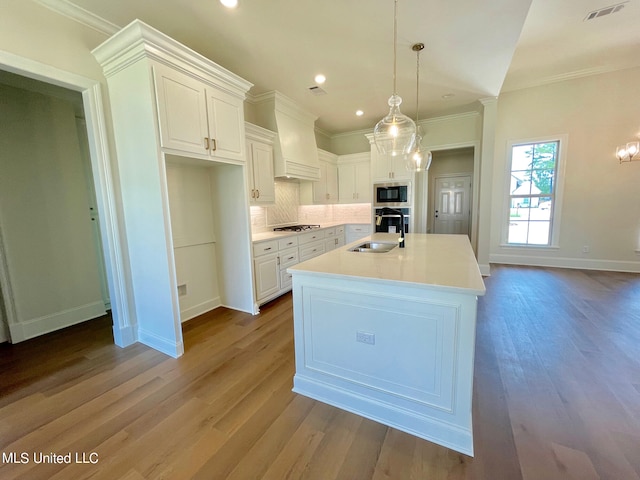 kitchen with appliances with stainless steel finishes, sink, white cabinetry, light hardwood / wood-style floors, and premium range hood