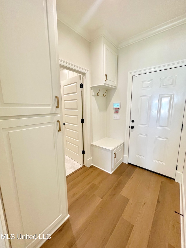 mudroom with crown molding and light hardwood / wood-style flooring