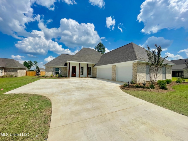 view of front of property featuring a garage and a front lawn