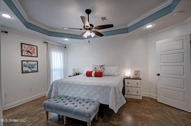 bedroom with crown molding, a raised ceiling, baseboards, and visible vents