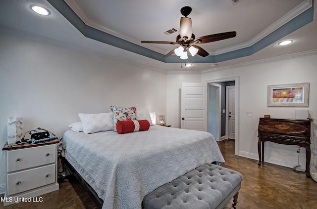 bedroom with visible vents, baseboards, ornamental molding, a tray ceiling, and recessed lighting