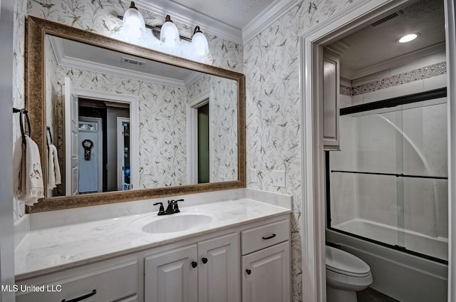 full bathroom featuring visible vents, vanity, toilet, ornamental molding, and wallpapered walls