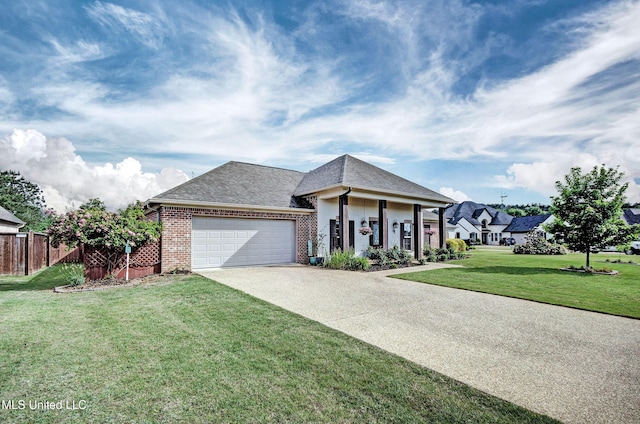 ranch-style home featuring fence, an attached garage, a front lawn, brick siding, and driveway