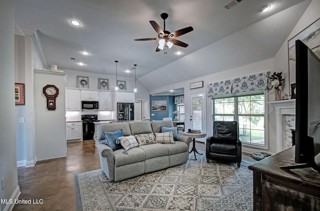 living room featuring a ceiling fan, visible vents, vaulted ceiling, baseboards, and concrete floors