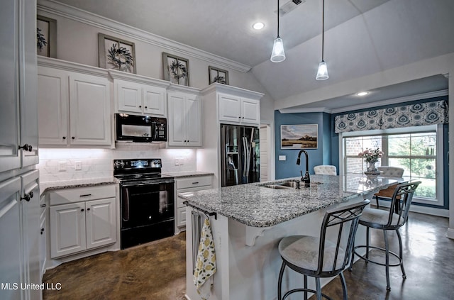 kitchen with finished concrete floors, a sink, black appliances, and visible vents