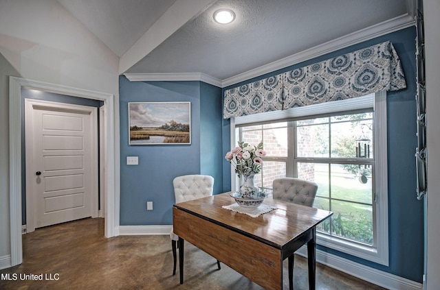 dining room with crown molding, concrete flooring, baseboards, and plenty of natural light
