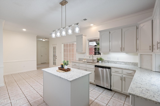 kitchen featuring a kitchen island, ornamental molding, dishwasher, decorative light fixtures, and sink