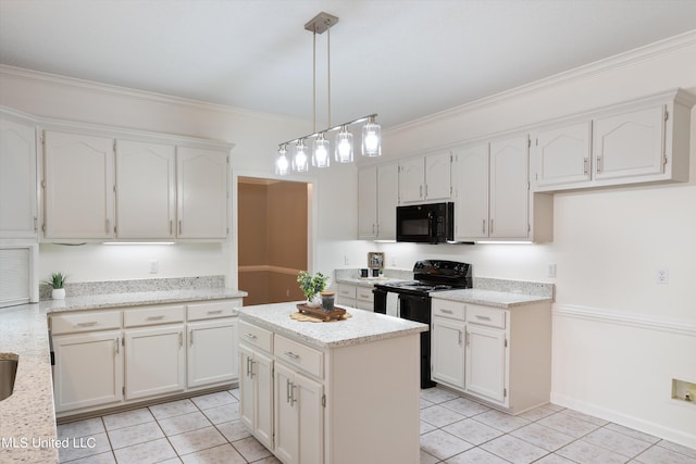 kitchen featuring light tile patterned flooring, ornamental molding, black appliances, and hanging light fixtures