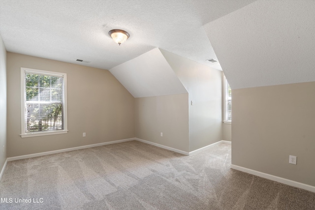 additional living space featuring light carpet, lofted ceiling, and a textured ceiling