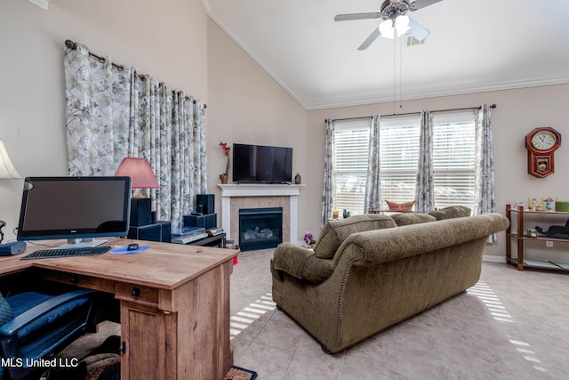 living room featuring vaulted ceiling, ceiling fan, light tile patterned floors, and a fireplace