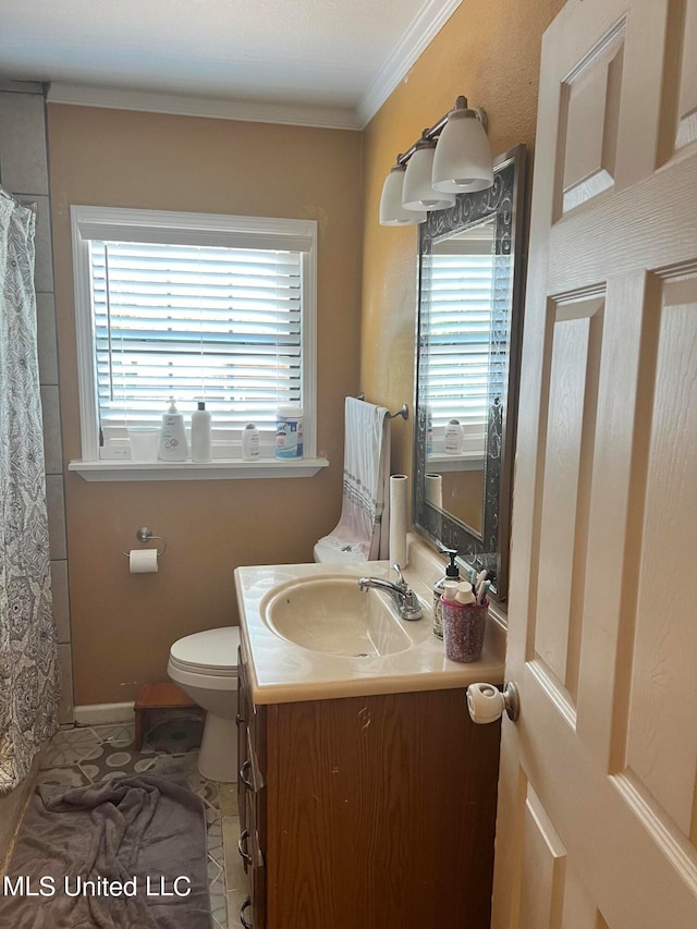 bathroom with vanity, ornamental molding, and toilet