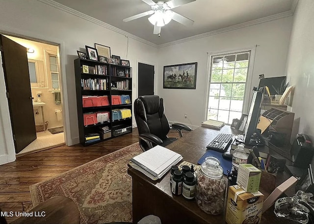 305 Dettor St, Batesville, MS 38606 - office featuring a ceiling fan, crown molding, wood finished floors, and baseboards