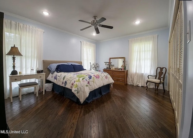 305 Dettor St, Batesville, MS 38606 - bedroom featuring dark wood-style floors, ornamental molding, ceiling fan, and recessed lighting