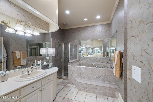 bathroom featuring vanity, crown molding, separate shower and tub, and tile patterned flooring