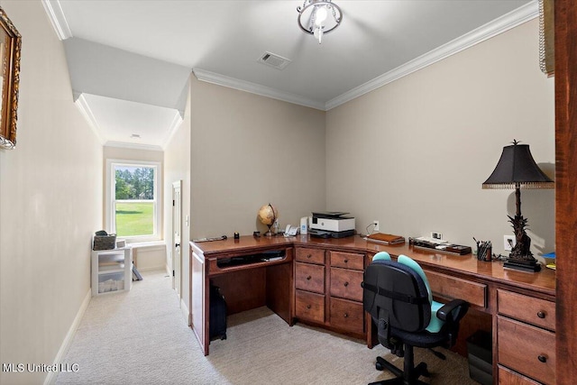 carpeted home office with ornamental molding