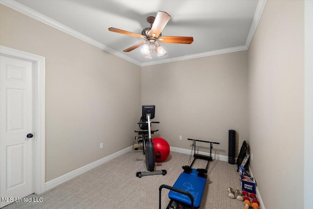 workout area featuring carpet, crown molding, and ceiling fan