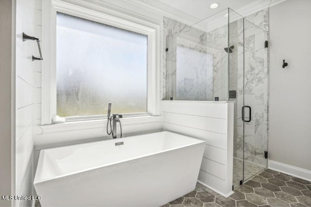 620 Old Savannah Dr, Long Beach, MS 39560 - full bathroom with a marble finish shower, a freestanding tub, recessed lighting, baseboards, and tile patterned floors