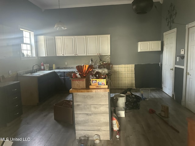 kitchen with white cabinets, tasteful backsplash, dark wood-type flooring, and sink