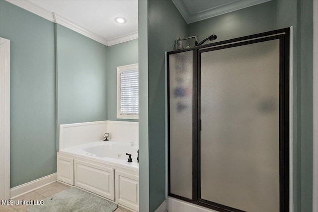 bathroom featuring independent shower and bath, crown molding, and tile patterned floors