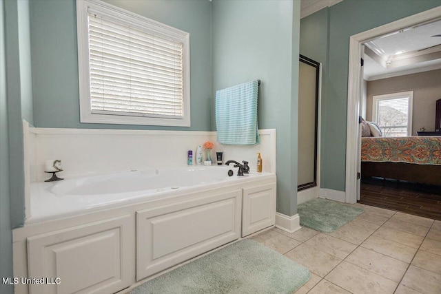 bathroom featuring crown molding, independent shower and bath, and tile patterned flooring