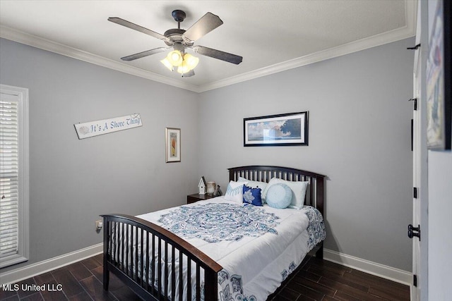 bedroom featuring ceiling fan, ornamental molding, and dark hardwood / wood-style flooring